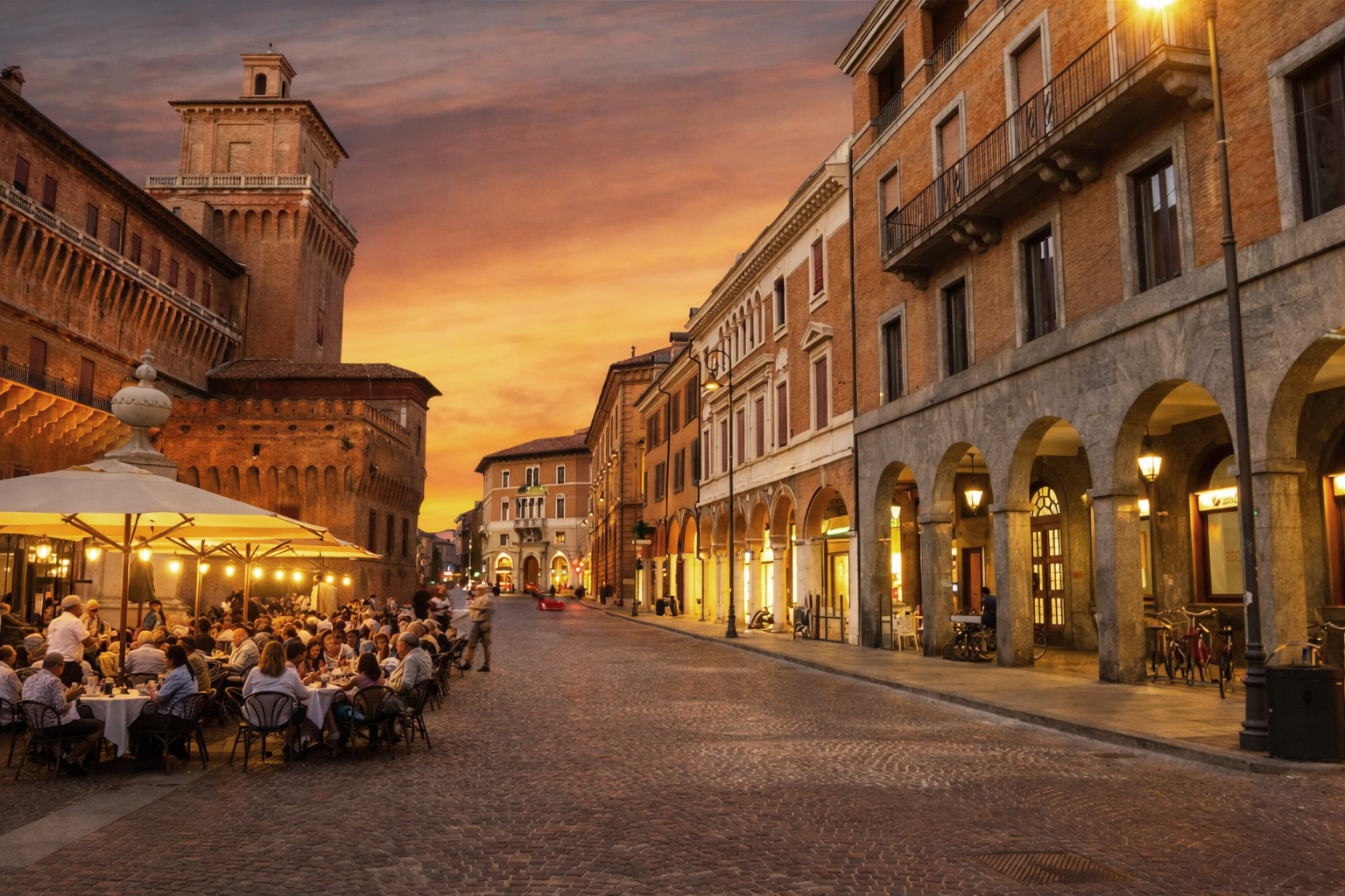 Abendstimmung am Corso Martiri della Libertà in Ferrara mit historischem Kastell, beleuchteten Arkadengängen, einem belebten Straßencafé auf der linken Seite und warmem Licht unter einem farbenreichen Sonnenuntergangshimmel.