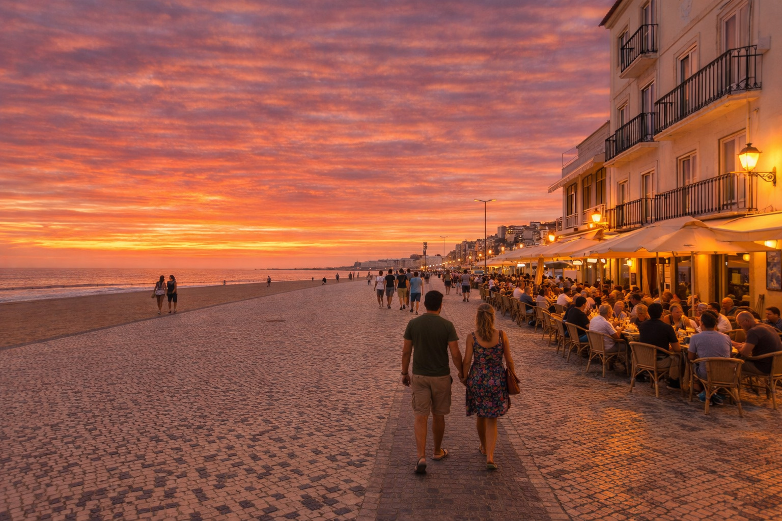 R. 5 de Outubro Strandpromenade in Figueira da Foz bei Sonnenuntergang mit warmem Abendlicht über dem Atlantik, einem belebten Straßencafé auf der rechten Seite, eingeschalteter Promenadenbeleuchtung und Spaziergängern entlang der weitläufigen Küstenpromenade.