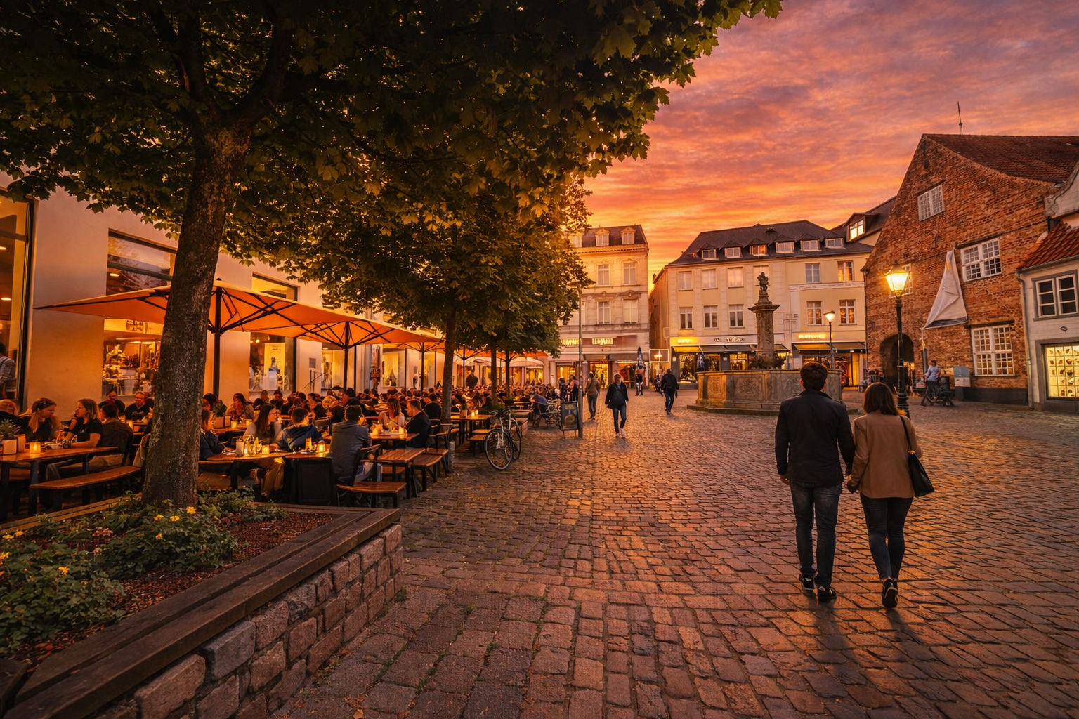 Kopfsteinpflasterplatz unter großen Bäumen, links ein dicht besetztes Straßencafé unter orangefarbenen Schirmen mit warmem Licht aus den Fenstern, eingeschaltete Laternen rund um Brunnen und historische Häuser, Spaziergänger überqueren den Nordermarkt im Sonnenuntergang.