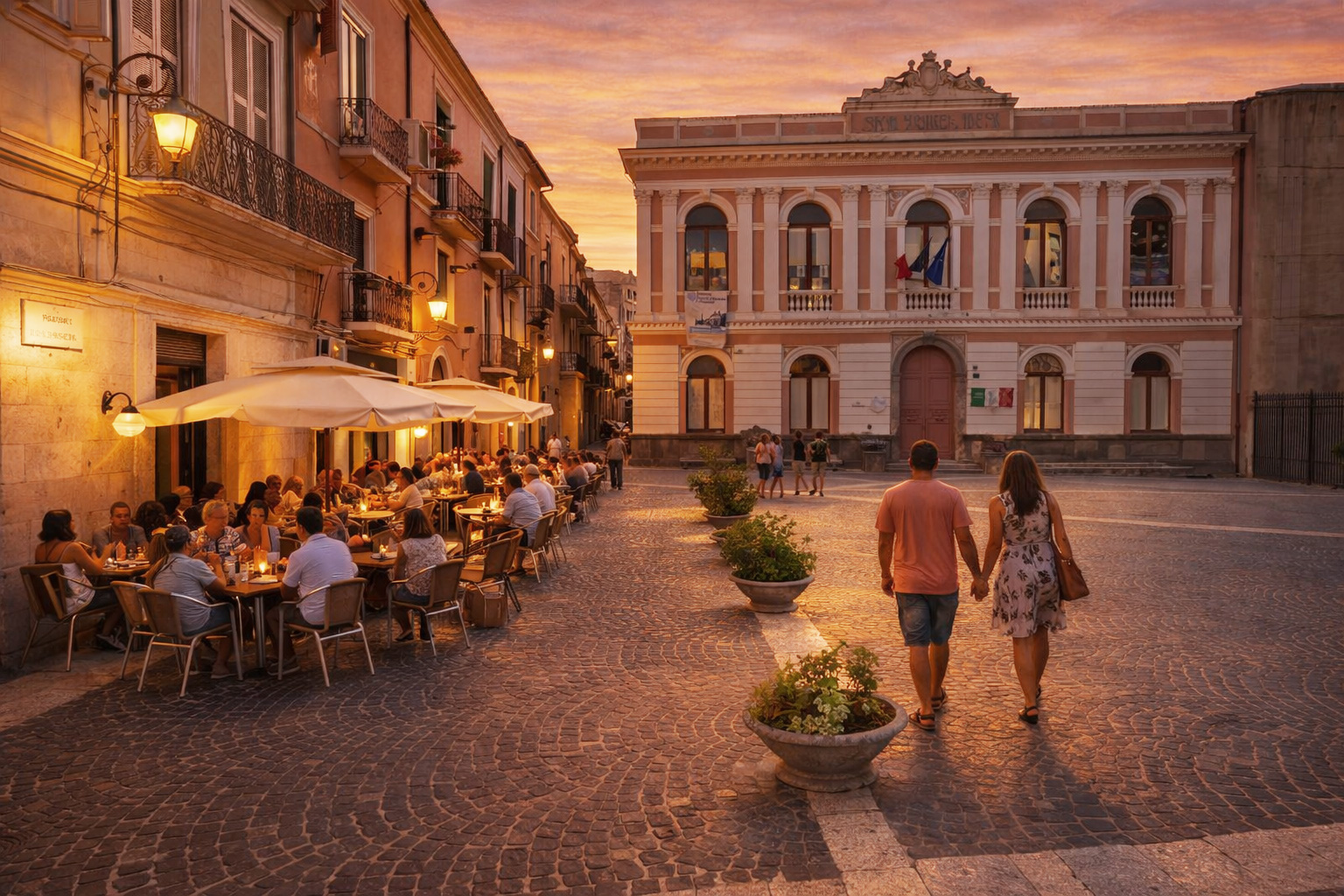 Sonnenuntergang auf der Piazza Francesco de Sanctis in Foggia mit belebtem Straßencafé und Spaziergängern auf dem autofreien Platz