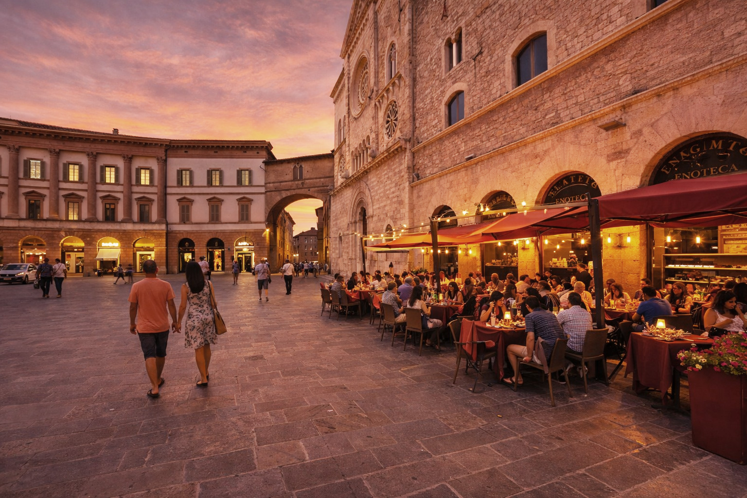Belebtes Straßencafé auf der Piazza della Repubblica in Foligno bei Sonnenuntergang mit Spaziergängern und warmem Abendlicht