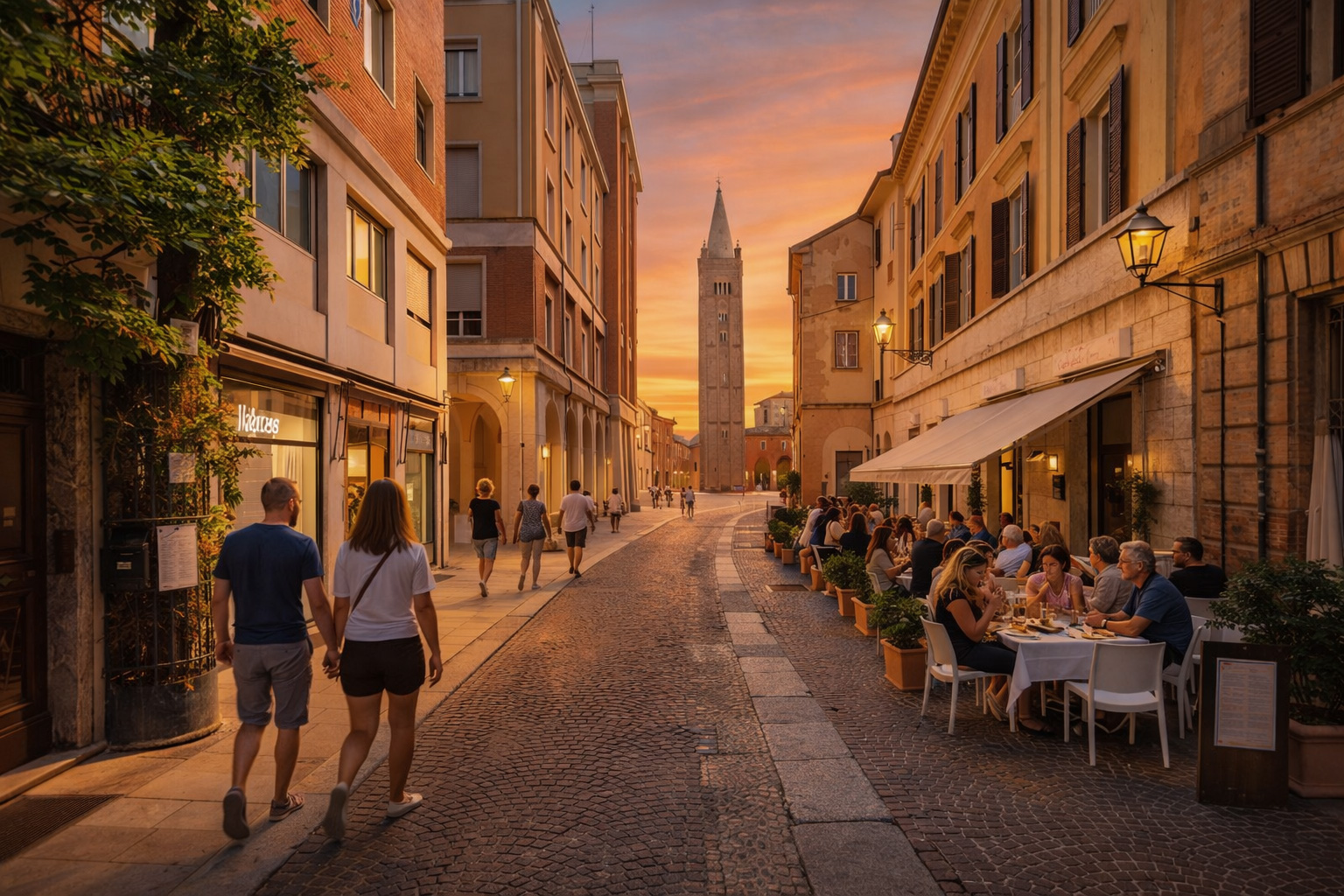Sonnenuntergangsstimmung in der Fußgängerzone Via delle Torri in Forlì mit warm beleuchteten Fassaden, belebtem Straßencafé auf der rechten Seite, Spaziergängern auf dem Kopfsteinpflaster und dem historischen Turm im Hintergrund.