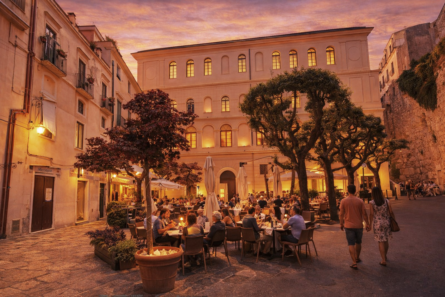Abendstimmung am Palazzo Cardinal De Vio in Gaeta mit belebtem Straßencafé, Spaziergängern, warm beleuchteten Fassaden und farbenreichem Sonnenuntergangshimmel