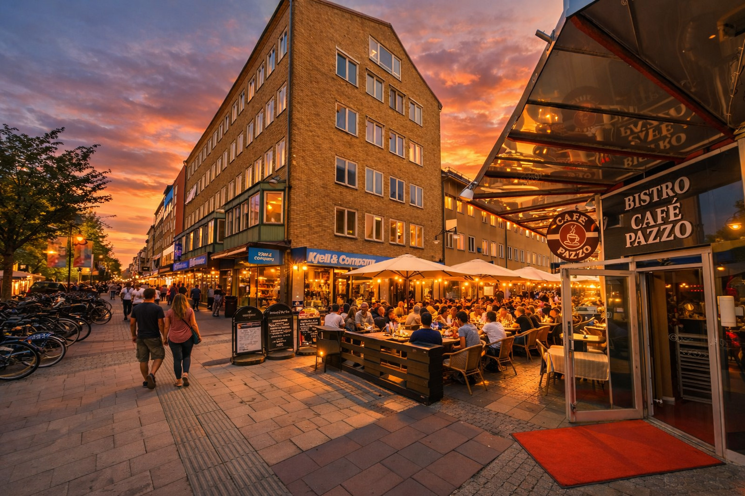 Drottninggatan in Gävle bei Sonnenuntergang mit markantem Eckgebäude aus Backstein, warm beleuchteten Fenstern und eingeschalteten Straßenlaternen, belebtem Straßencafé mit vielen Gästen unter großen Sonnenschirmen sowie Spaziergängern entlang der Fußgängerzone, Fahrradreihen am Rand und orangefarbenem Abendhimmel mit Wolken