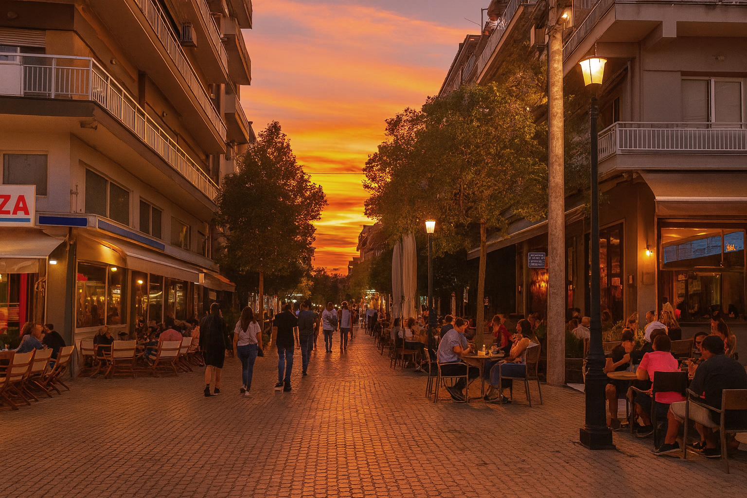Abendstimmung in der Fußgängerzone von Giannitsa mit beleuchtetem Straßencafé, Spaziergängern und warmem Sonnenuntergangshimmel.