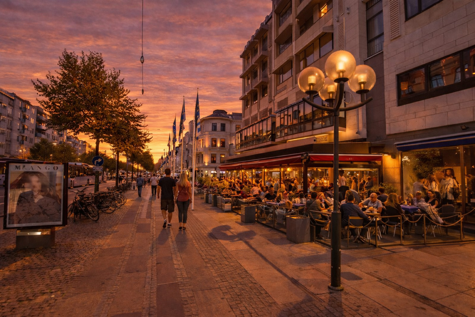 Kungsportsavenyen in Göteborg bei Sonnenuntergang mit breitem Boulevard und Kopfsteinpflaster, beleuchteten Schaufenstern und eingeschalteten Kugellaternen, belebtem Straßencafé auf der rechten Seite unter roter Markise mit vielen Gästen sowie Spaziergängern weiter links auf dem Gehweg, Fahrrädern am Rand und Fahnenmasten entlang der Straße vor einem orangefarbenen Abendhimmel
