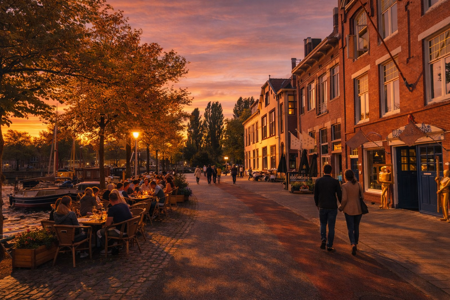 Kanalpromenade mit Booten im Wasser, links ein belebtes Straßencafé direkt am Ufer unter Bäumen, Gäste sitzen an Tischen im warmen Licht, eingeschaltete Laternen, beleuchtete Fensterfronten der Backsteinhäuser und Spaziergänger entlang der Straße im goldenen Sonnenuntergang.