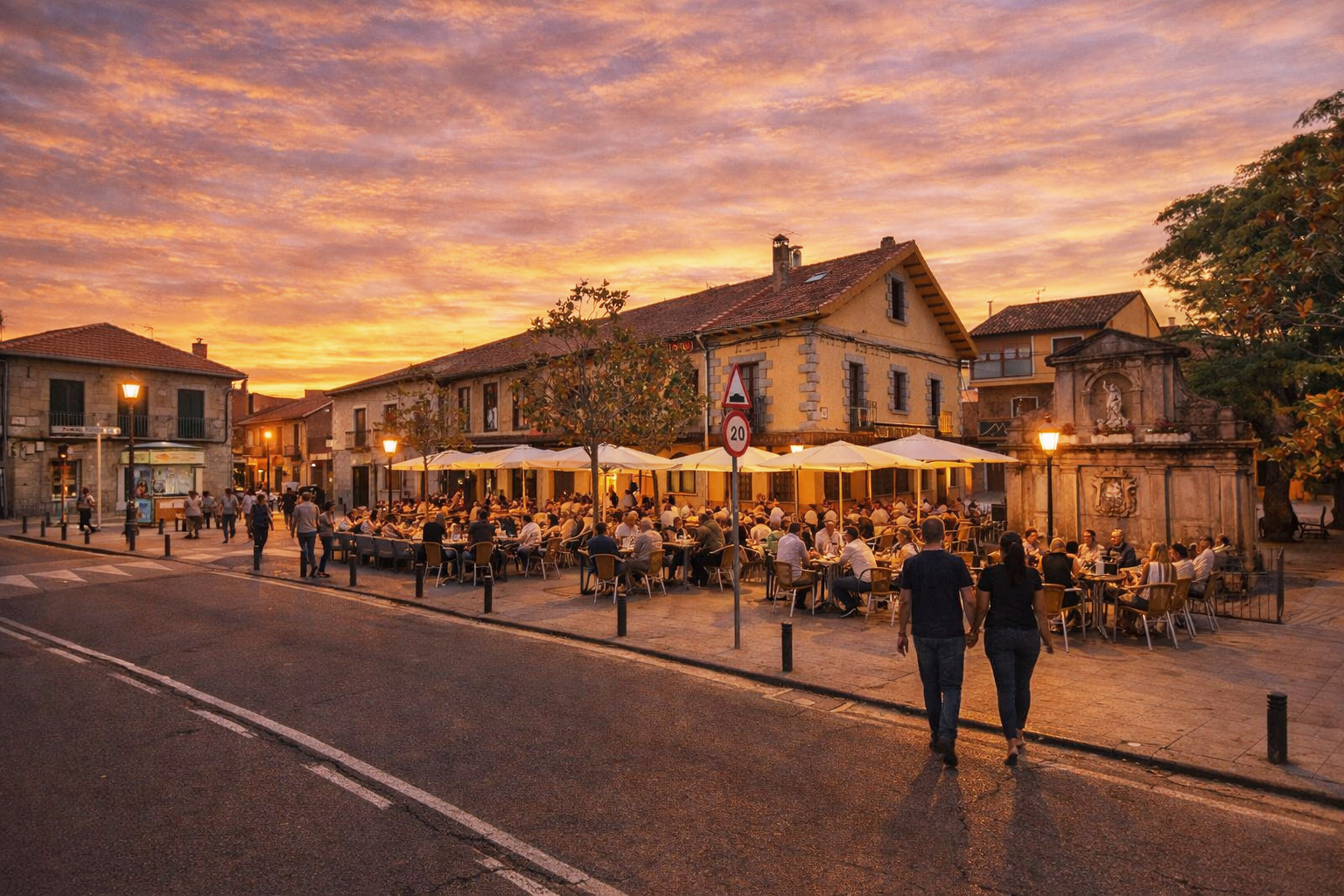 Straßenszene mit historischem Brunnen und traditionellen Häusern, warmem Sonnenuntergangshimmel, eingeschalteten Laternen, beleuchteten Fenstern und großem belebtem Straßencafé anstelle der Parkflächen sowie mehreren Spaziergängern