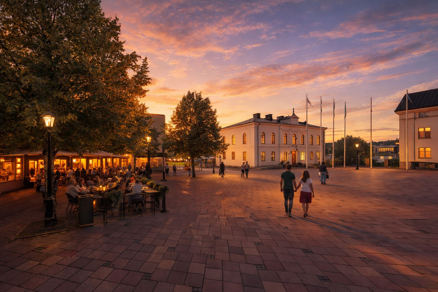 Belebter Platz in Härnösand in Västernorrlands län bei Sonnenuntergang mit illuminiertem Straßencafé unter Bäumen, warm erleuchteten Fenstern eines weißen klassizistischen Gebäudes, Spaziergängern auf dem gepflasterten Platz und orangefarbenem Abendhimmel über dem Wasser im Hintergrund