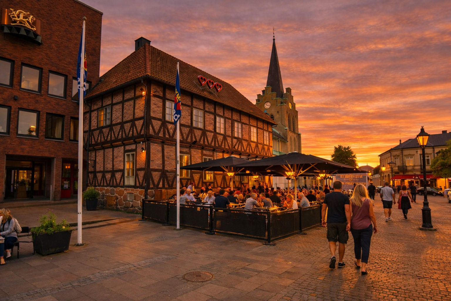 Kyrkogatan in Halmstad bei Sonnenuntergang mit Fachwerkhaus und rotem Ziegeldach, warm beleuchteten Fenstern und eingeschalteter Straßenbeleuchtung, belebtem Straßencafé unter dunklen Sonnenschirmen mit vielen Gästen sowie Spaziergängern auf dem gepflasterten Platz, Kirchturm mit Uhr im Hintergrund vor farbigem Abendhimmel