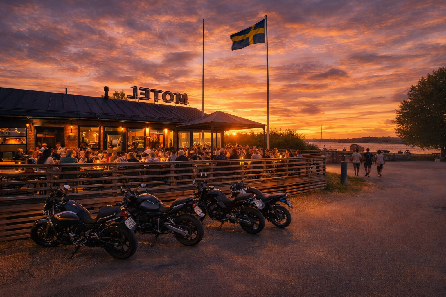 Belebtes Terrassencafé an der Packhusgatan in Haparanda bei Sonnenuntergang mit warm beleuchteten Fenstern, voll besetzten Außentischen hinter Holzgeländer, geparkten Motorrädern vor der Terrasse, Spaziergängern am Uferweg und wehender schwedischer Flagge am Fahnenmast vor dem Wasser