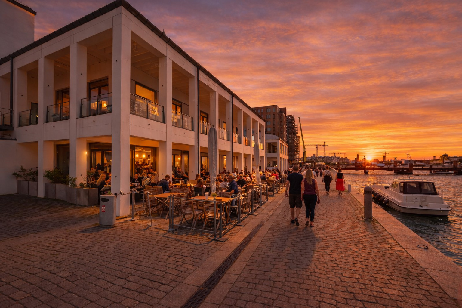 Kajpromenaden Uferpromenade in Helsingborg bei Sonnenuntergang mit moderner weißer Hafenbebauung auf der linken Seite, warm beleuchteten Fenstern und geöffnetem Restaurantbereich, belebter Straßencaféterrasse mit Tischen und Gästen entlang der Fassade sowie Spaziergängern auf der gepflasterten Promenade am Wasser, Boot am Steg und Hafenkräne im Hintergrund im goldenen Abendlicht