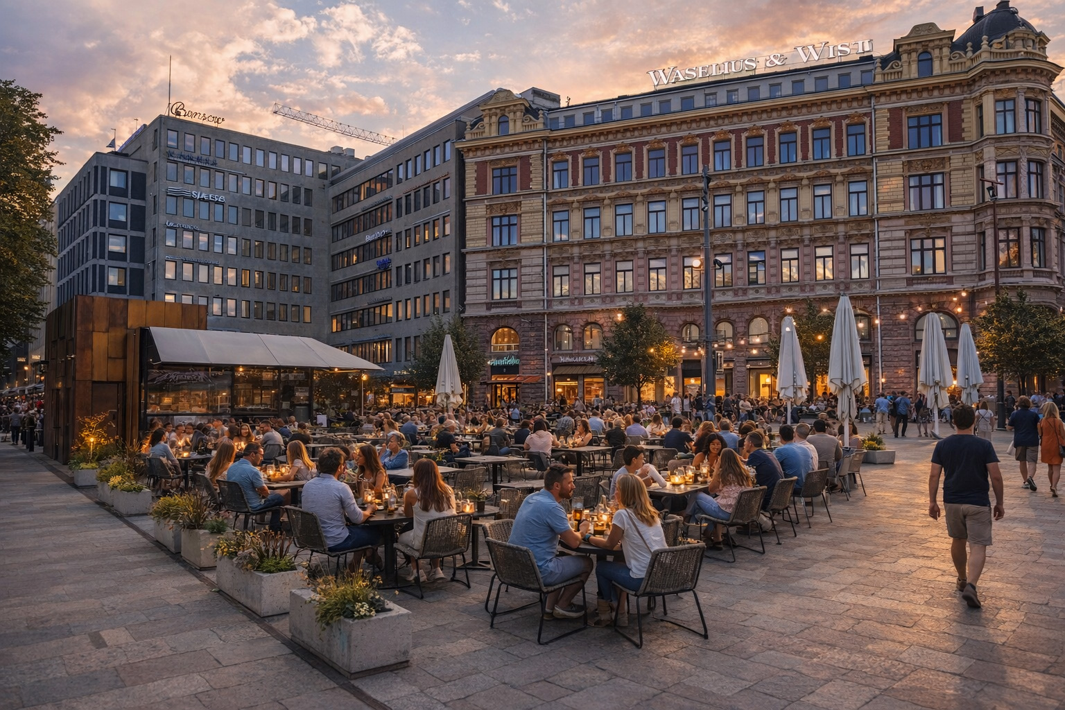 Großer Stadtplatz bei Sonnenuntergang mit belebtem Straßencafé, warmem Kerzenlicht an den Tischen, beleuchteten Fenstern, eleganter historischer Fassade im Hintergrund und Spaziergängern in der Fußgängerzone