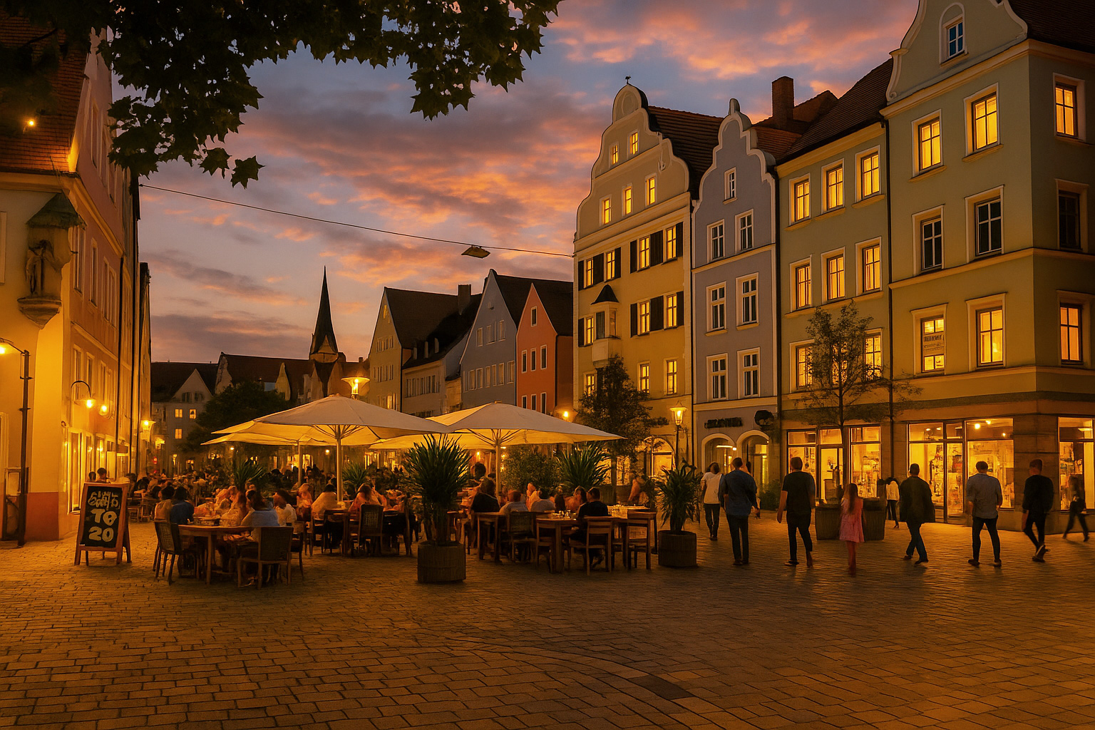Abendstimmung in der Fußgängerzone von Ingolstadt mit beleuchtetem Straßencafé, hell erleuchteten Fassaden, erleuchteten Fenstern und Spaziergängern unter malerischem Sonnenuntergangshimmel.