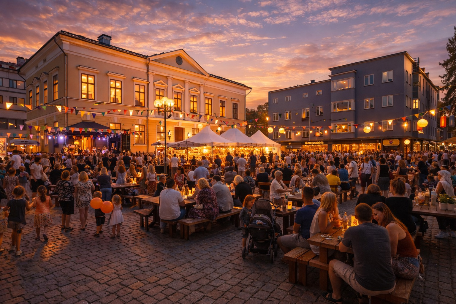 Belebtes Straßenfest auf einem gepflasterten Platz bei Sonnenuntergang mit Lichterketten, bunten Wimpeln, Marktständen und vielen Menschen vor beleuchteten Fassaden
