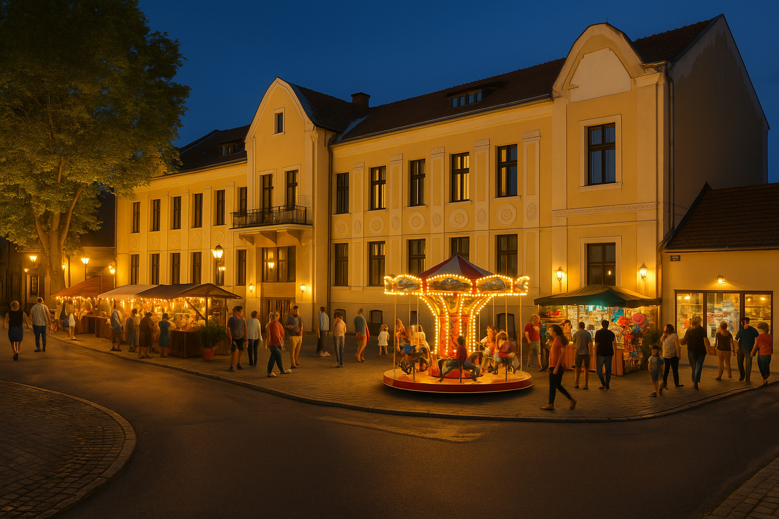 Abendstimmung in Jászberény mit beleuchteten Buden eines Dorffestes entlang der Straße, grünem Baum links, kleinem Kinderkarussell auf der Kreuzung und erleuchteter historischer Architektur im Hintergrund.