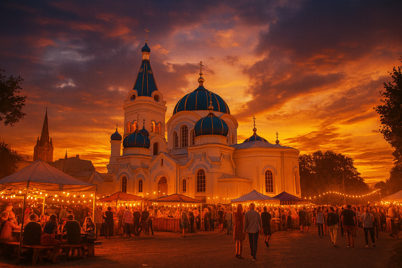 Sonnenuntergang an der orthodoxen Kirche in Jelgava mit Dorffest, Buden und vielen Gästen.
