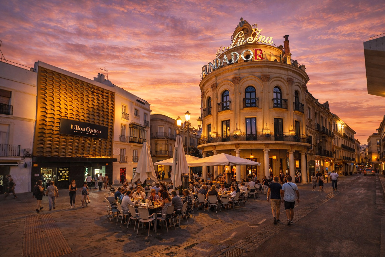 Plaza Esteve in Jerez de la Frontera bei Sonnenuntergang mit beleuchtetem Straßencafé und besetzten Tischen, warm erhellten Fassaden und Schaufenstern, eingeschalteten Laternen sowie Spaziergängern rund um das historische Eckgebäude.