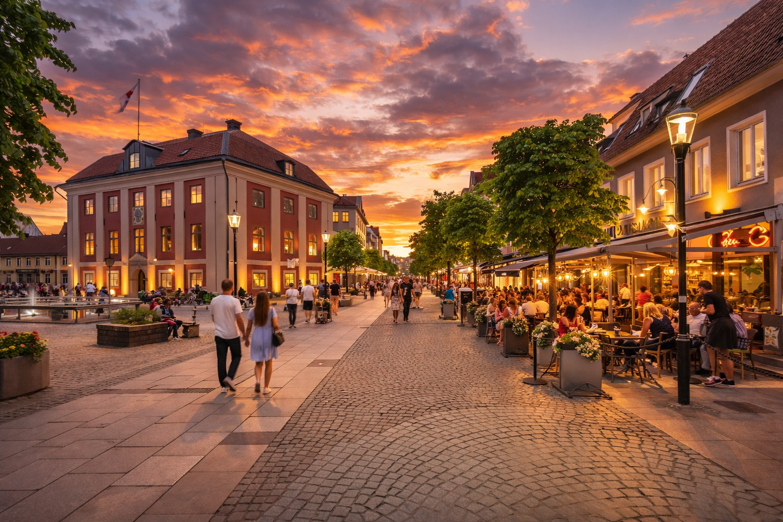 Östra Storgatan in Jönköping bei Sonnenuntergang mit breiter Fußgängerzone und Kopfsteinpflaster, warm beleuchteten Fenstern und eingeschalteten Straßenlaternen, belebtem Straßencafé auf der rechten Seite mit vielen Gästen unter Markisen sowie Spaziergängern entlang der baumgesäumten Straße, historisches Gebäude am Platz und farbiger Abendhimmel mit Wolken