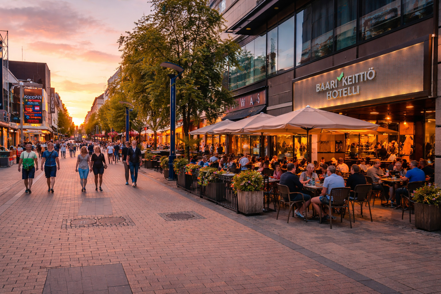 Kauppakatu in Jyväskylä bei Sonnenuntergang mit belebtem Straßencafé auf der rechten Seite, warm beleuchteten Schaufenstern und Restaurantfenstern, vielen Spaziergängern in der Fußgängerzone sowie stimmungsvoller Abendbeleuchtung entlang der Straße
