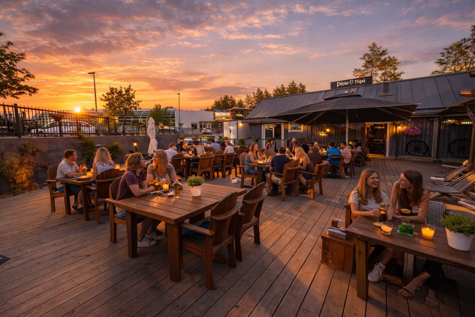 Belebte Holzterrasse eines Strandcafés bei Sonnenuntergang mit kleinen Gruppen an Tischen, warm leuchtenden Lampen, farbigem Abendhimmel und gemütlicher Sommerstimmung