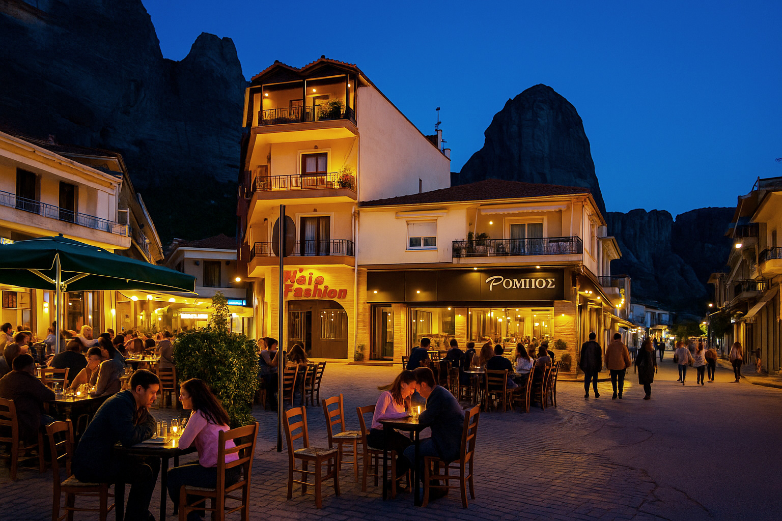 Belebter Platz in Kalambaka am Abend mit Straßencafé, Gästen und Blick auf die imposanten Felsen von Meteora.