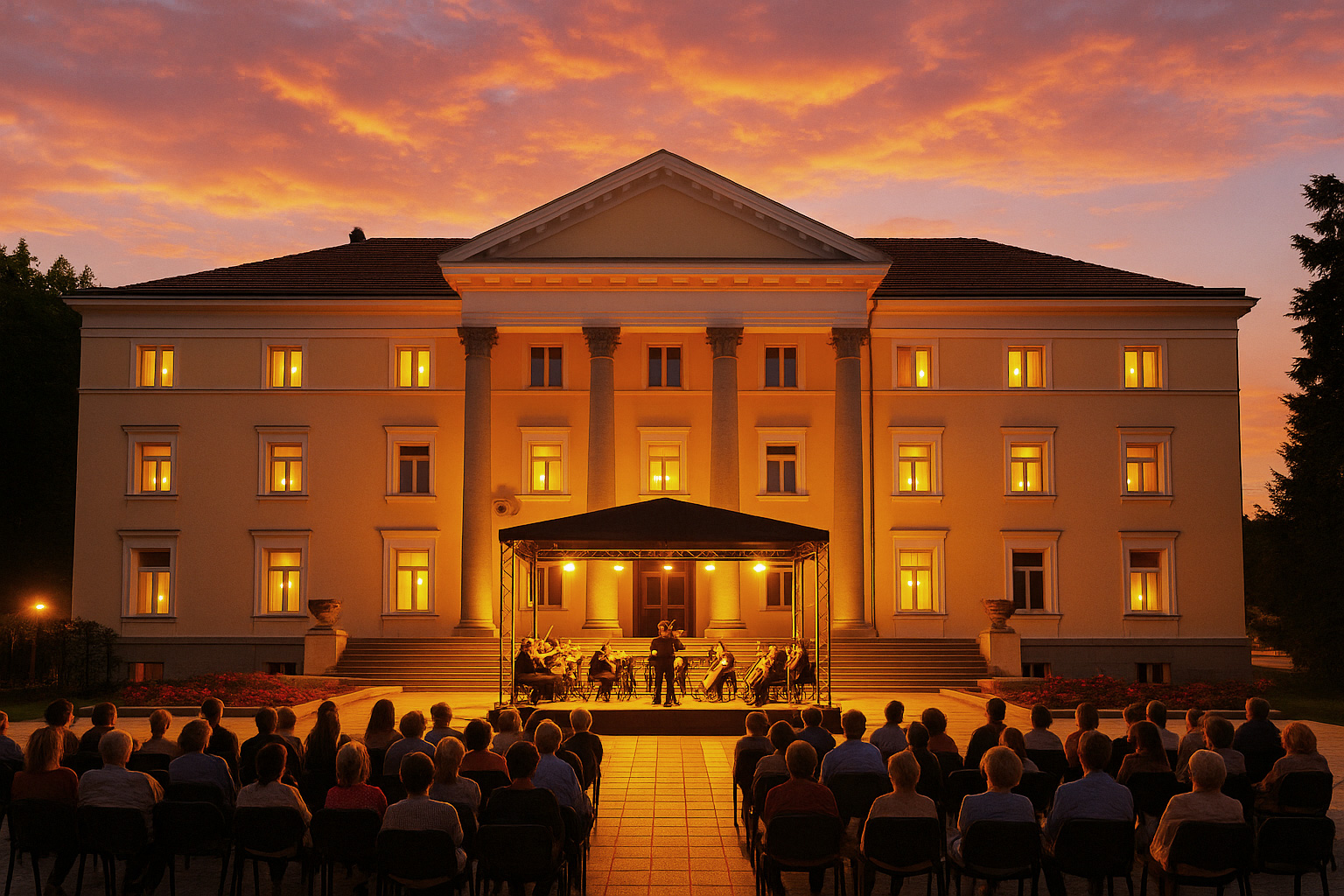 Rathaus in Kardschali am Abend mit klassischem Konzert auf einer Bühne, Zuschauern auf Stühlen und warm beleuchteten Fenstern vor farbigem Sonnenuntergangshimmel.