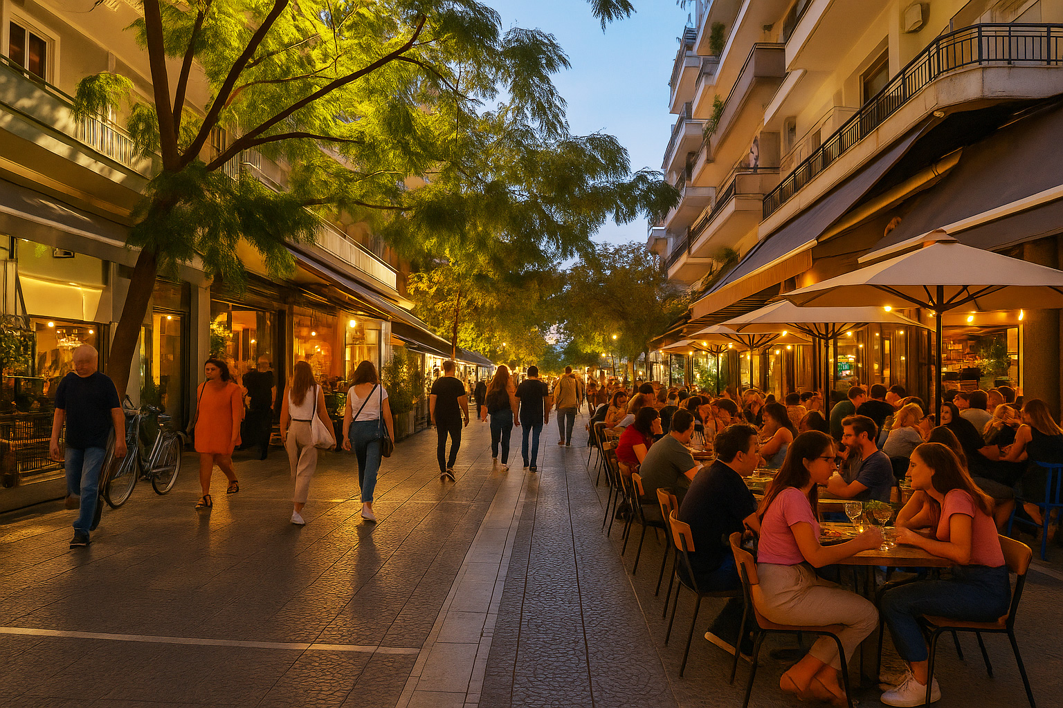 Belebte Fußgängerzone in Katerini am Abend mit Spaziergängern und einem vollen Straßencafé unter Bäumen im warmen Abendlicht.
