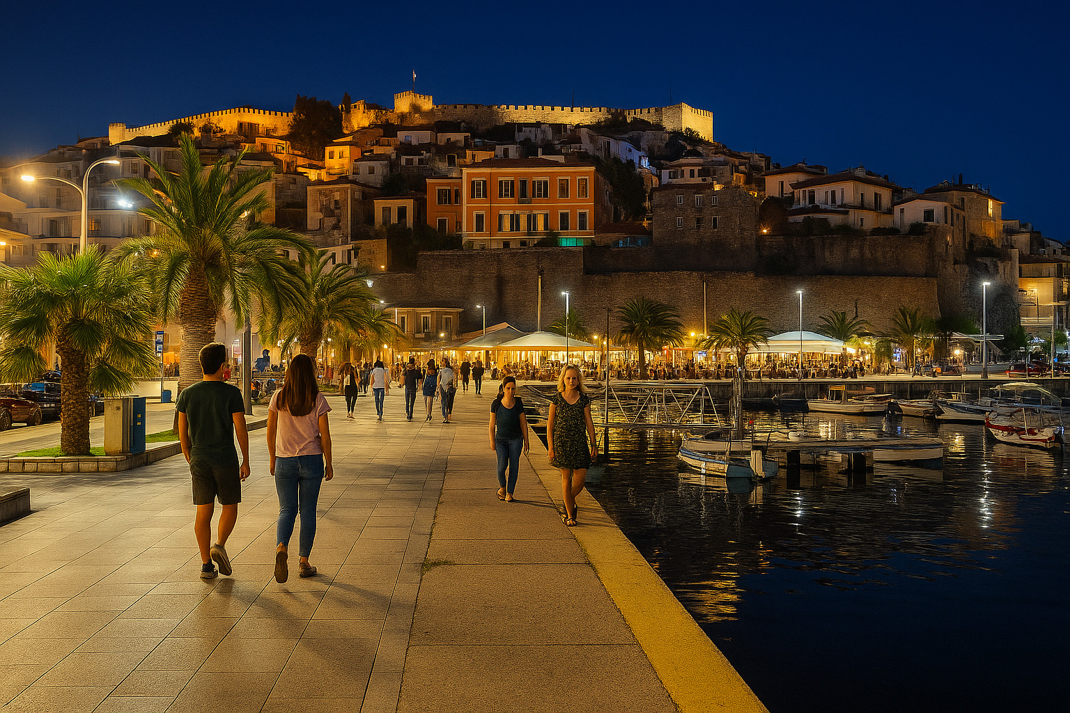 Belebte Uferpromenade in Kavala am Abend mit Spaziergängern, beleuchteten Cafés und Blick auf die historische Festung über der Stadt.