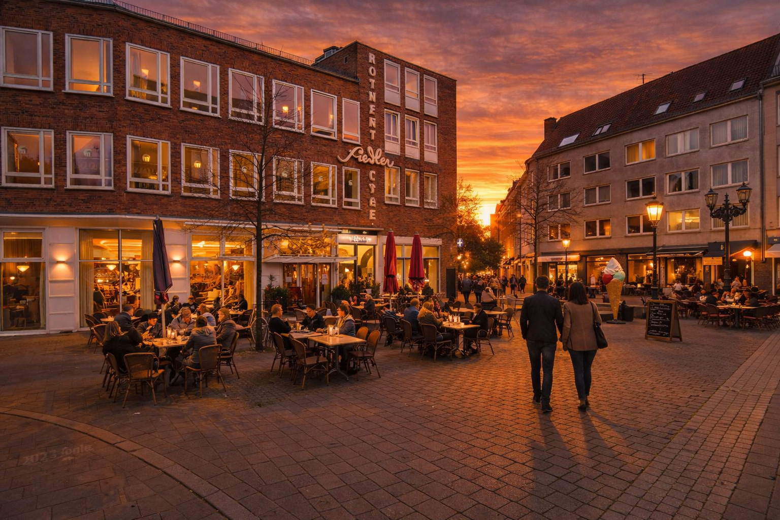 Städtischer Platz mit Backsteinfassade und Konditorei, belebte Straßencafés mit vielen Gästen an kleinen Tischen, warm beleuchtete Fensterfronten, eingeschaltete Straßenlaternen und Spaziergänger auf dem Pflaster im orangefarbenen Sonnenuntergang.