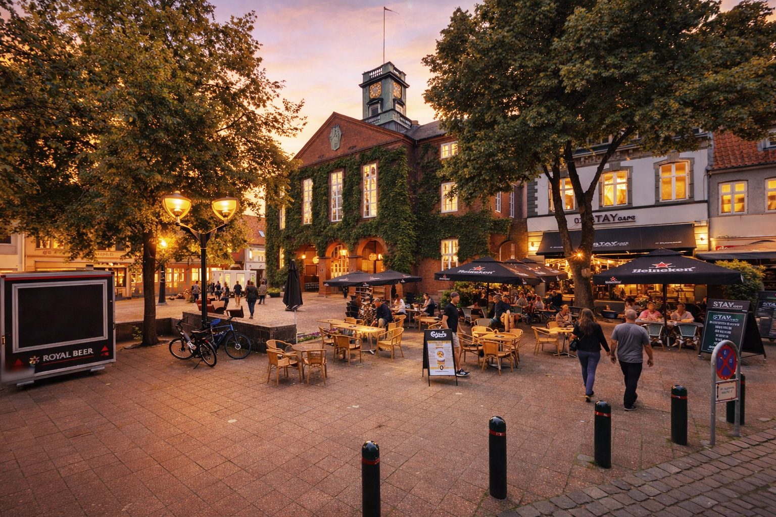 Belebter Akseltorv in Kolding bei Sonnenuntergang mit historischem Backsteingebäude und Uhrturm, warm beleuchteten Fenstern, eingeschalteten Straßenlaternen und gut besuchten Straßencafés unter dunklen Sonnenschirmen, Spaziergänger auf dem gepflasterten Platz zwischen Bäumen