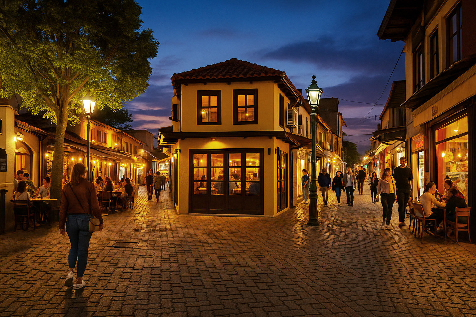 Belebte Altstadtgasse in Komotini am Abend mit beleuchteten Geschäften, Straßencafés, Spaziergängern und sommerlichem Grün.