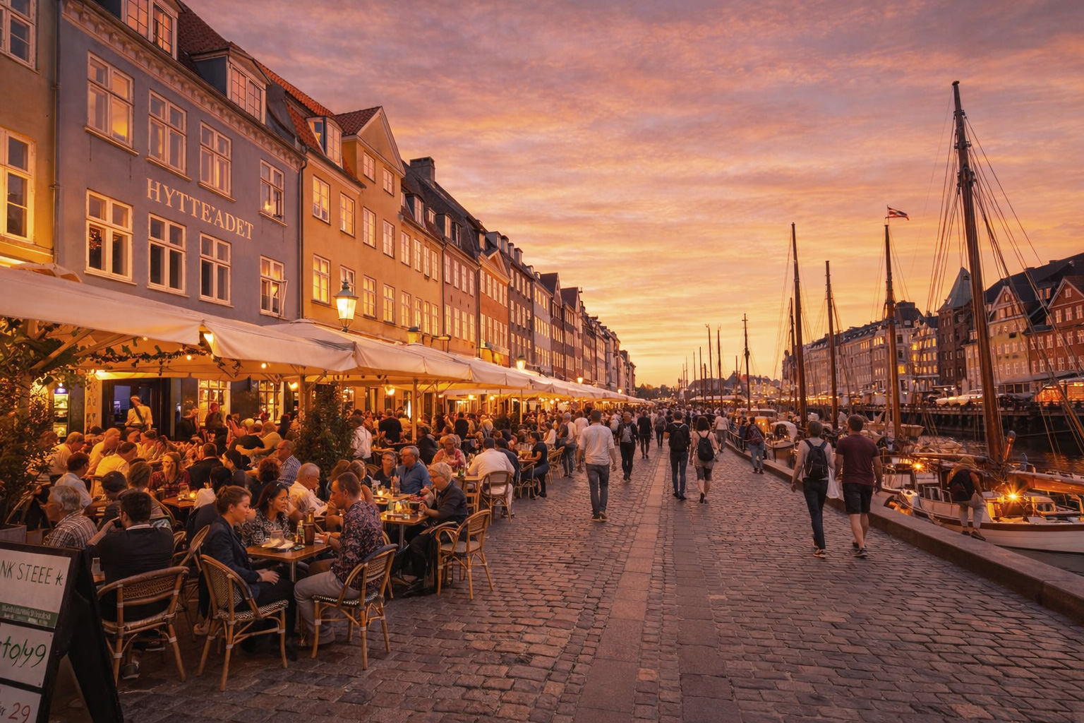 Nyhavn in Kopenhagen bei Sonnenuntergang mit farbenfrohen Giebelhäusern entlang der Uferpromenade, warm leuchtenden Fenstern und Laternen, belebten Straßencafés unter hellen Markisen auf der linken Seite sowie Spaziergängern auf dem Kopfsteinpflaster, Segelboote im Hafenbecken mit Masten vor dem orangefarbenen Abendhimmel