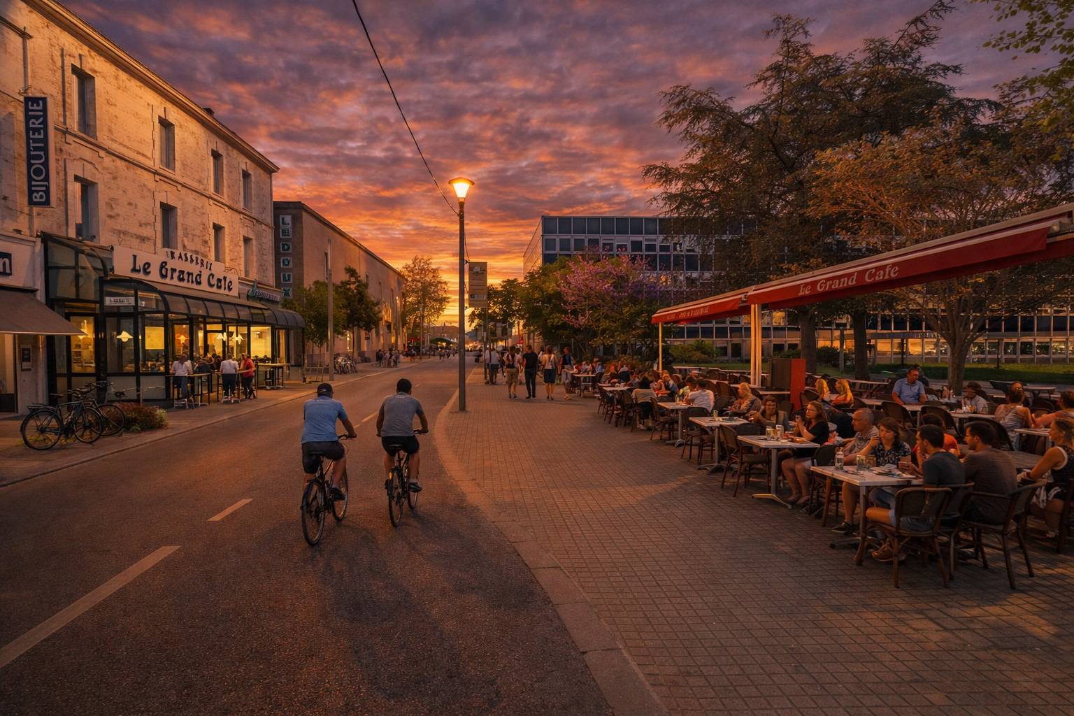 Abendstimmung an der Rue Georges Clemenceau mit belebtem Straßencafé rechts unter roter Markise, beleuchteten Schaufenstern und Fenstern, eingeschalteter Straßenlaterne, Spaziergängern auf dem Gehweg sowie zwei Fahrradfahrern auf der Straße bei dramatischem Sonnenuntergangshimmel