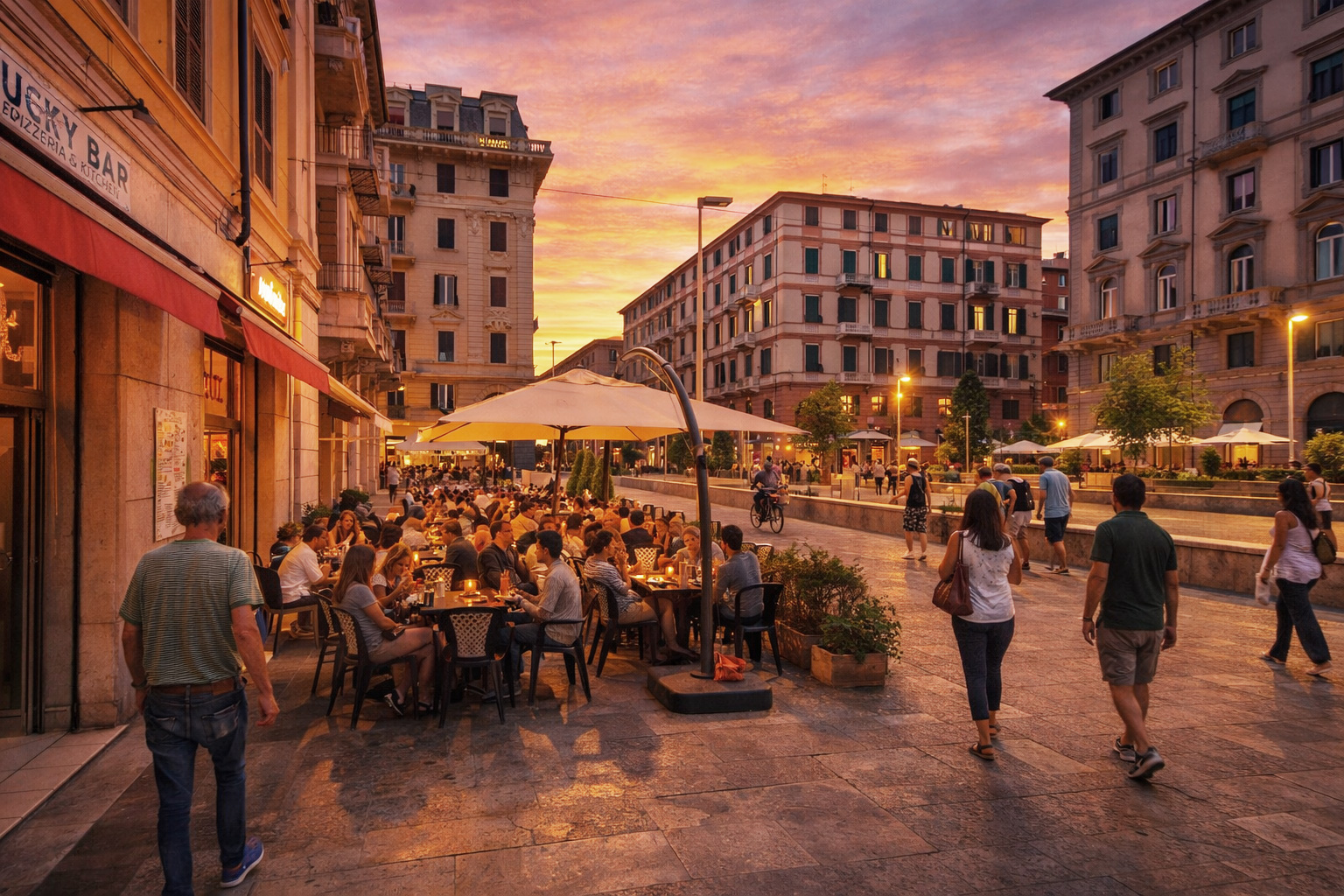 Belebtes Straßencafé an der Piazza Giuseppe Verdi in La Spezia bei Sonnenuntergang mit Spaziergängern und warmem Abendlicht