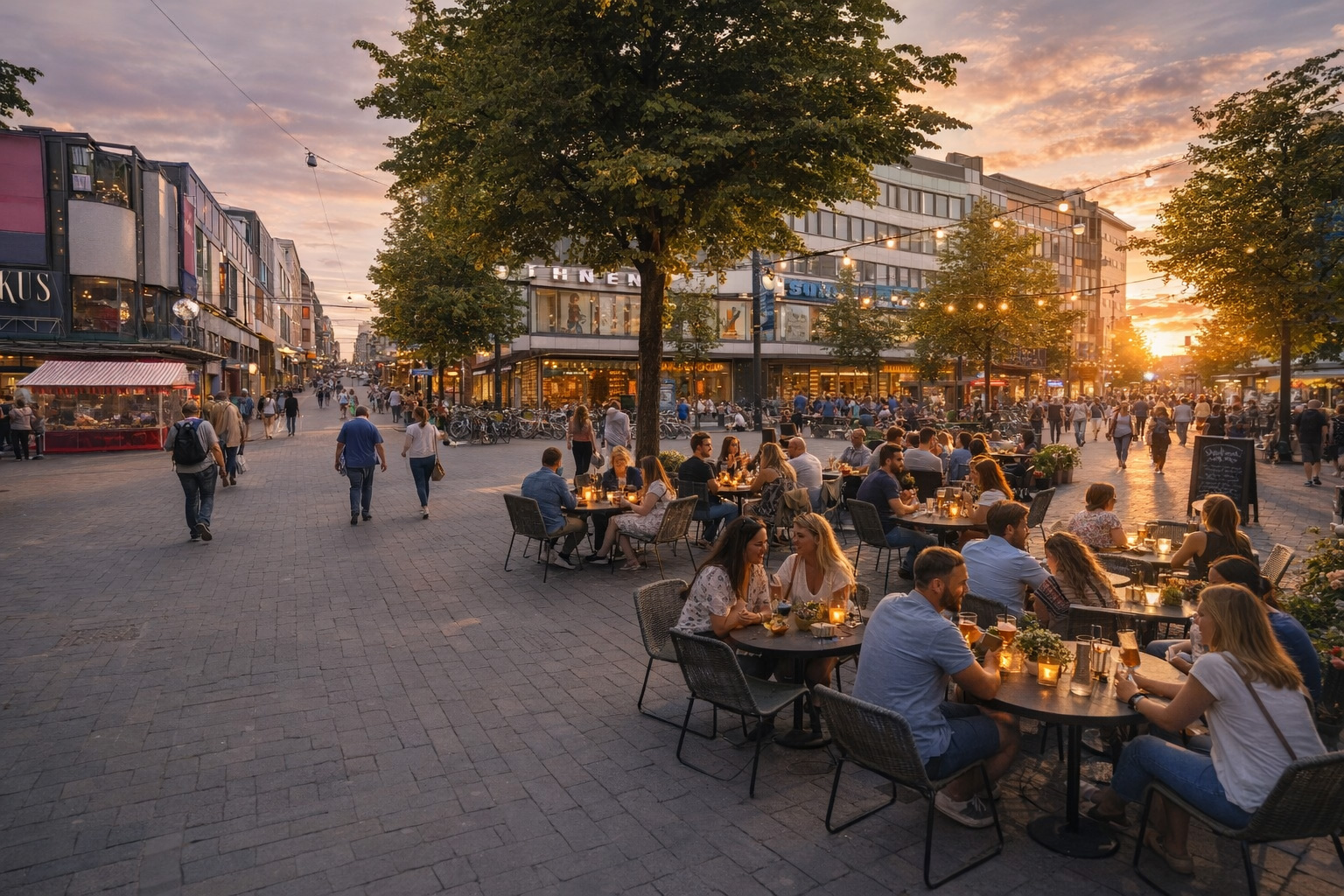 Belebte Fußgängerzone bei Sonnenuntergang mit warm beleuchteten Schaufenstern, vielen Spaziergängern, Bäumen entlang der Straße und einem gut besetzten Straßencafé mit Kerzenlicht