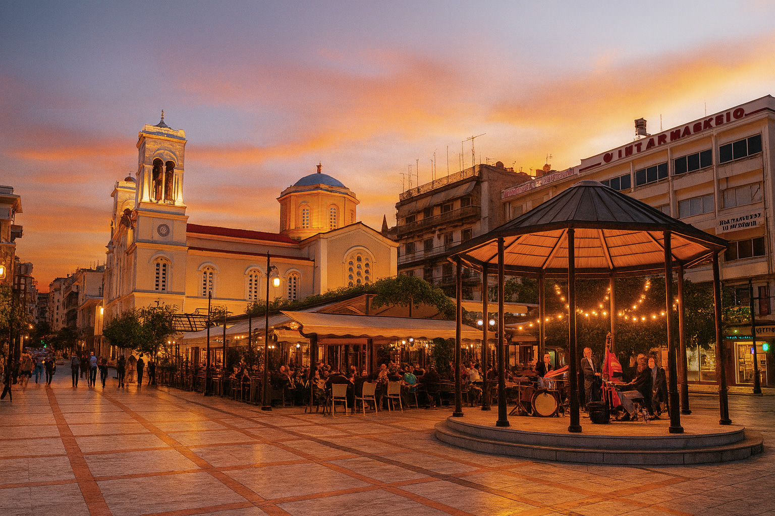 Abendstimmung am Eleftherias-Platz in Lamia mit beleuchtetem Pavillon, in dem eine Jazzband spielt, und zahlreichen Besuchern im Straßencafé vor der Kirche.