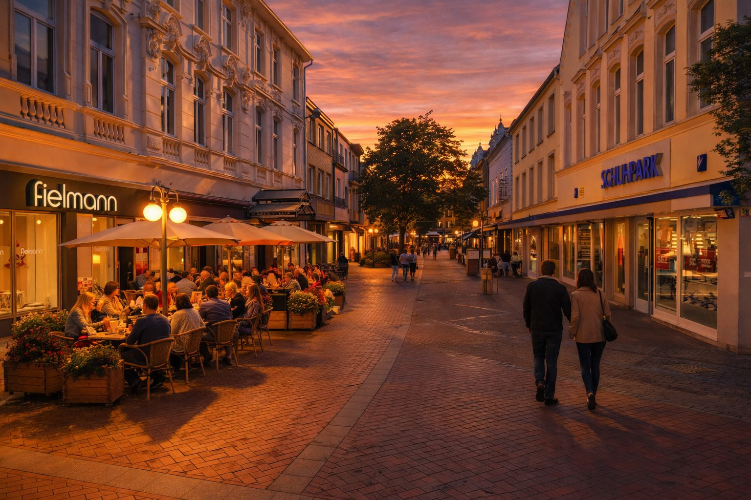 Fußgängerzone mit historischen Fassaden und beleuchteten Schaufenstern, links ein belebtes Straßencafé unter großen hellen Sonnenschirmen mit vielen Gästen, eingeschaltete Straßenlampen, Spaziergänger auf dem Pflaster und warmes Sonnenuntergangslicht am Himmel.