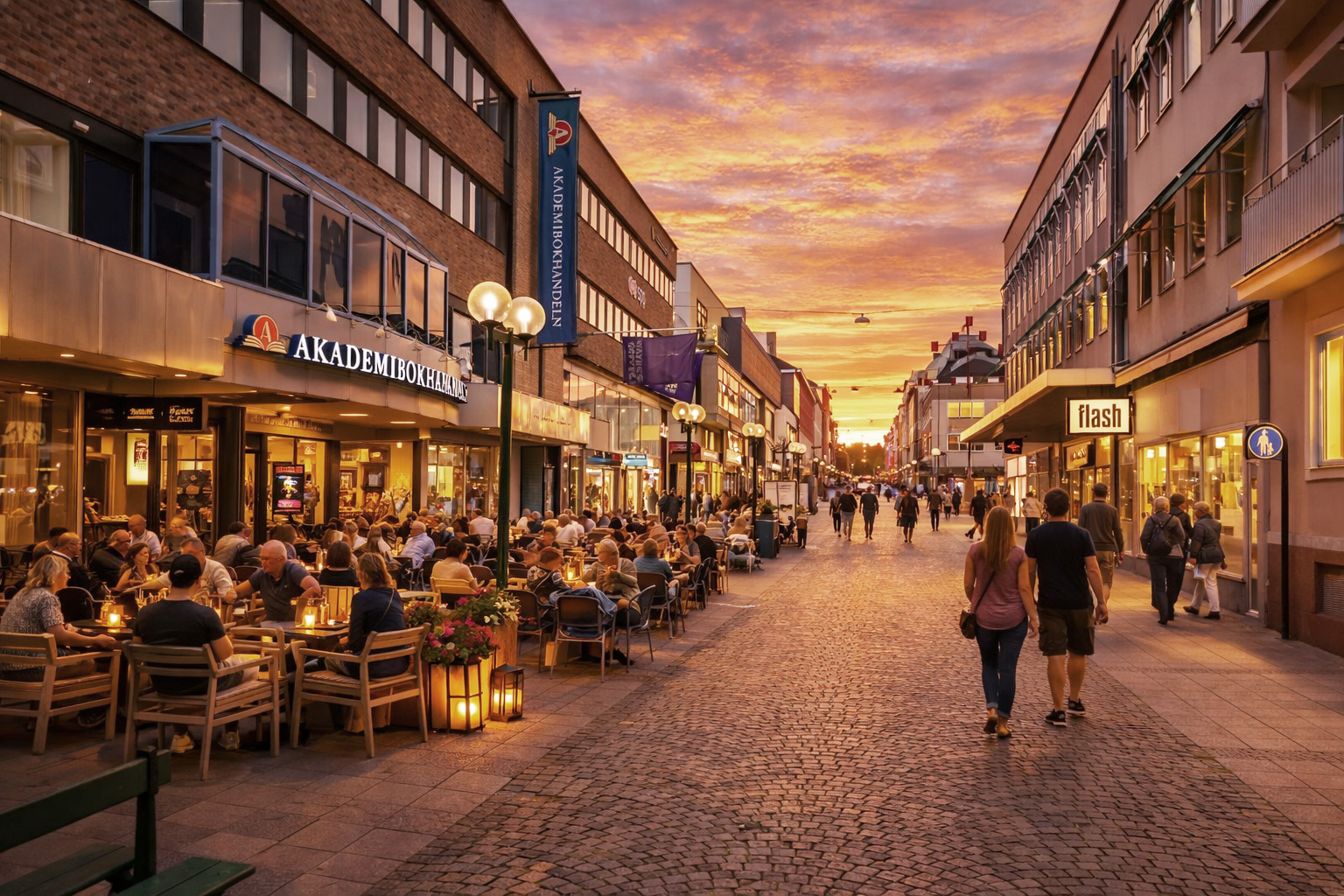 Fußgängerzone in Linköping bei Sonnenuntergang mit langen Reihen moderner Gebäude und Schaufensterfronten, warm beleuchteten Innenräumen und eingeschalteten Kugellaternen, belebtem Straßencafé auf der linken Seite mit vielen Gästen an Tischen sowie Spaziergängern auf dem Kopfsteinpflaster, orangefarbener Abendhimmel mit Wolken über der geraden Einkaufsstraße