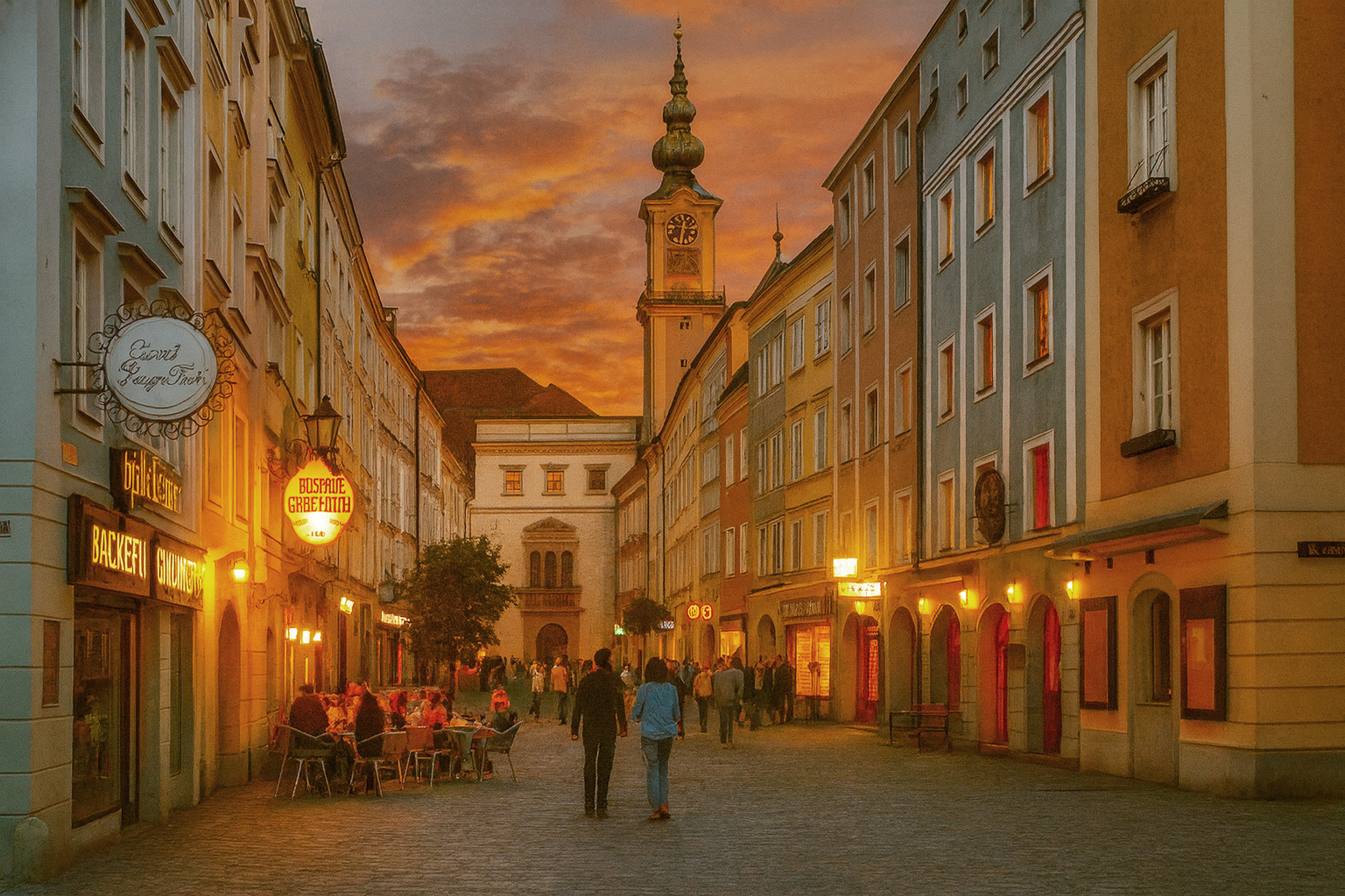 Abendstimmung in der Fußgängerzone von Linz mit hell erleuchteten Fassaden, belebtem Straßencafé, Spaziergängern und angestrahltem Uhrturm unter einem farbenfrohen Sonnenuntergangshimmel.