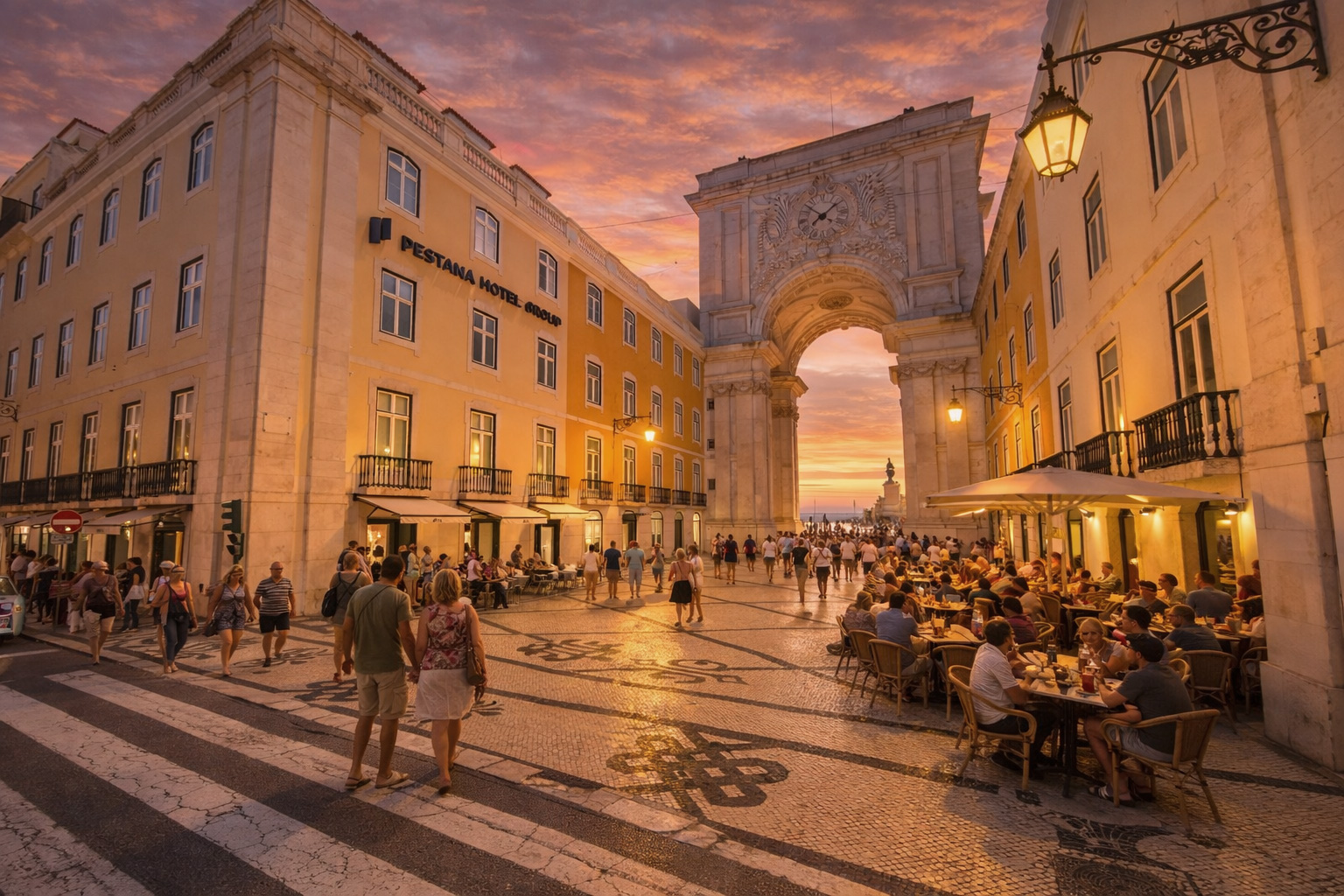 Arco da Rua Augusta in Lissabon bei Sonnenuntergang mit goldenem Himmel, warm beleuchteten Laternen und Fenstern, einem belebten Straßencafé auf der rechten Seite sowie zahlreichen Spaziergängern auf dem gemusterten Pflaster, mit Blick Richtung Tejo.