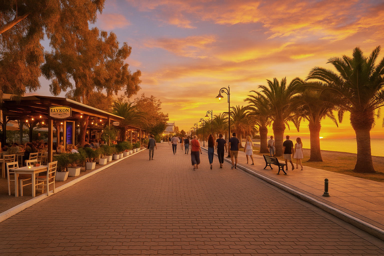 Abendstimmung an der Strandpromenade von Livanates mit beleuchtetem Restaurant, Palmenallee, Spaziergängern und malerischem Sonnenuntergang über dem Meer.