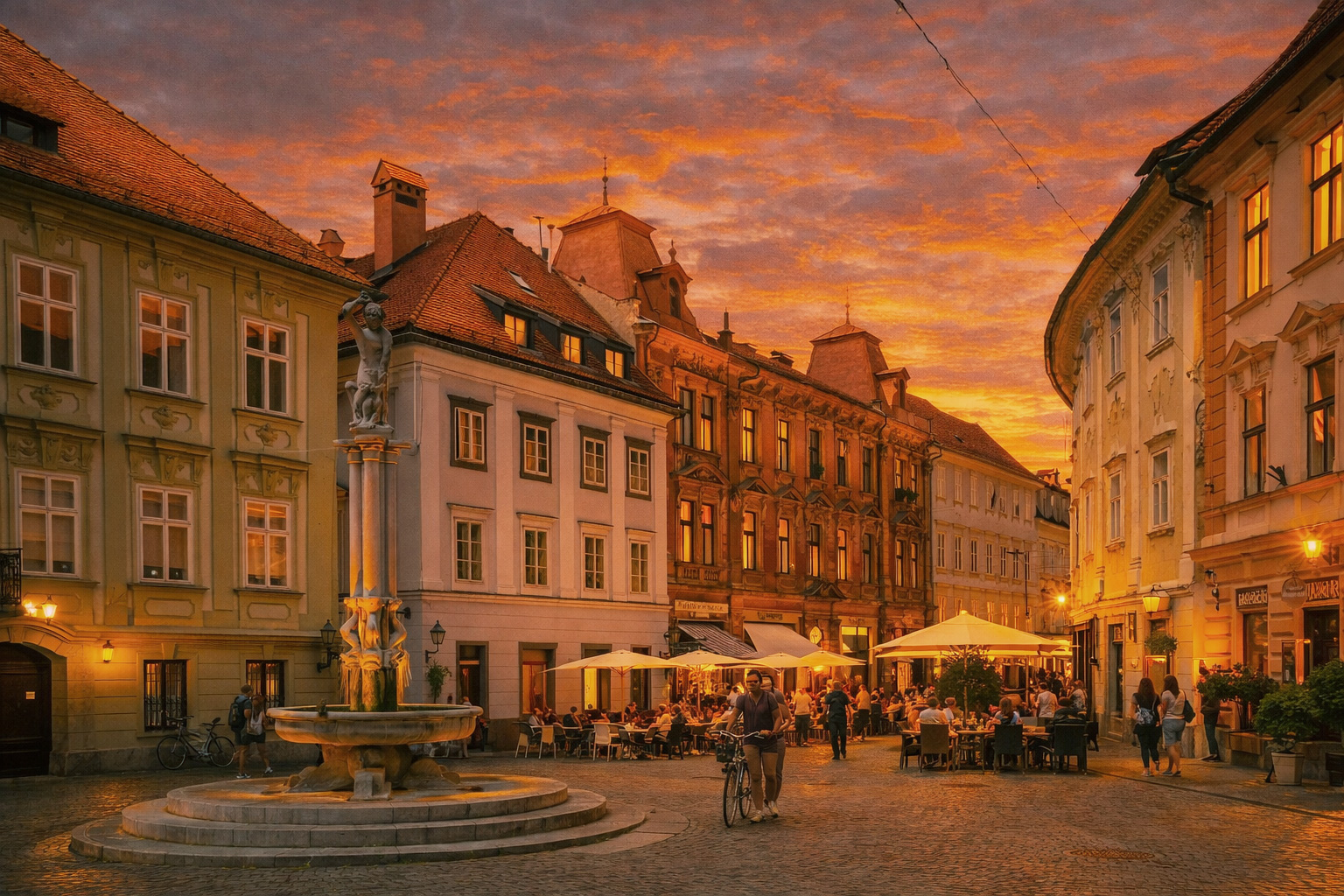 Abendstimmung auf dem Mestni trg in Ljubljana mit historischem Brunnen, belebten Straßencafés, Spaziergängern und prachtvollen Fassaden im warmen Licht eines farbenreichen Sonnenuntergangs.