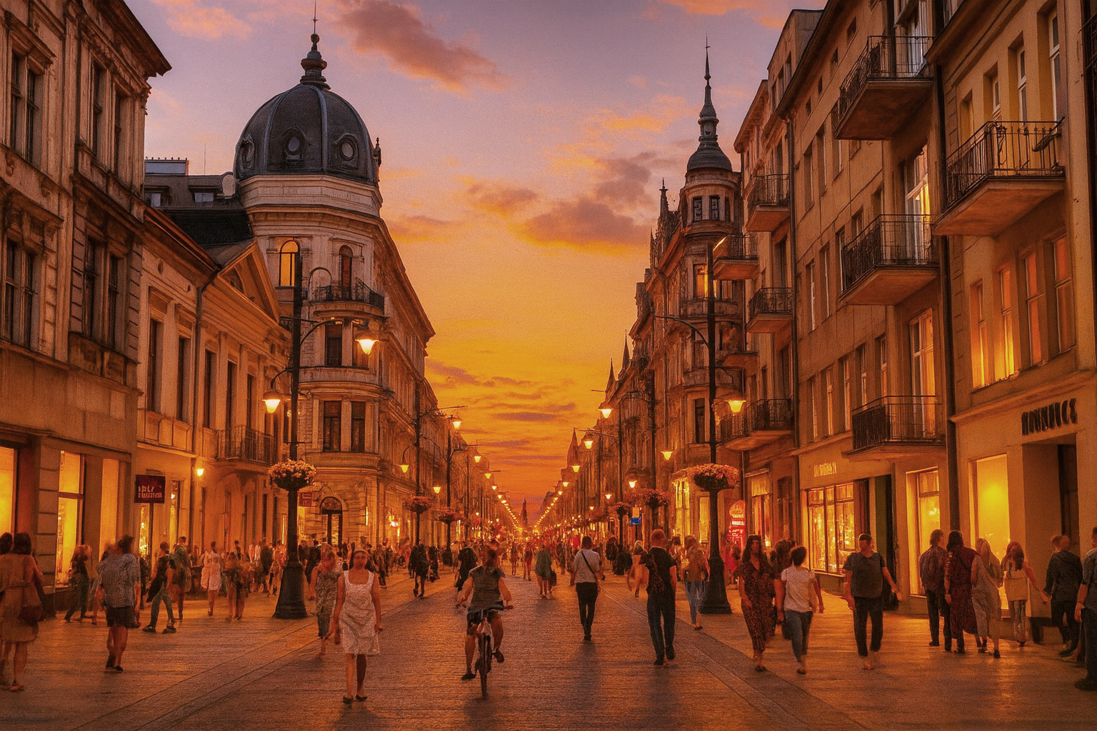 Früher Abend in der Fußgängerzone Piotrkowska in Łódź mit Spaziergängern, Radfahrern und beleuchteten Schaufenstern.