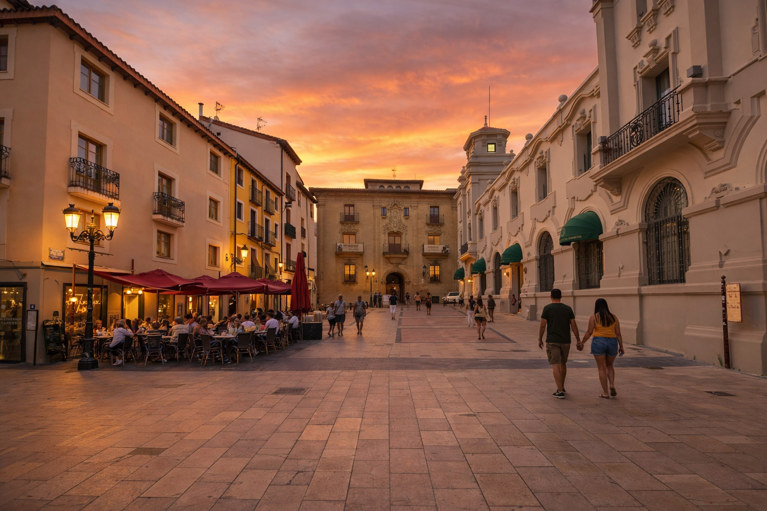 Sonnenuntergang über einem breiten Stadtplatz mit historischen Fassaden; links ein belebtes Straßencafé mit Tischen und roten Schirmen, warm leuchtende Laternen und erhellte Fenster, mehrere Spaziergänger auf dem Pflaster zwischen den Gebäuden