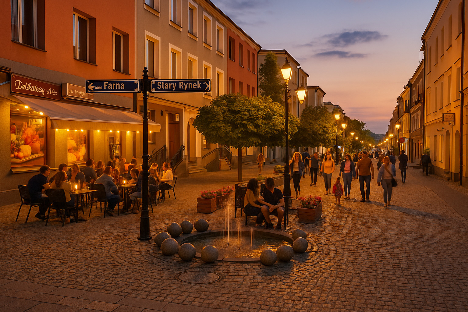 Früher Abend in der Fußgängerzone ulica Długa in Łomża mit Straßencafé, Spaziergängern.