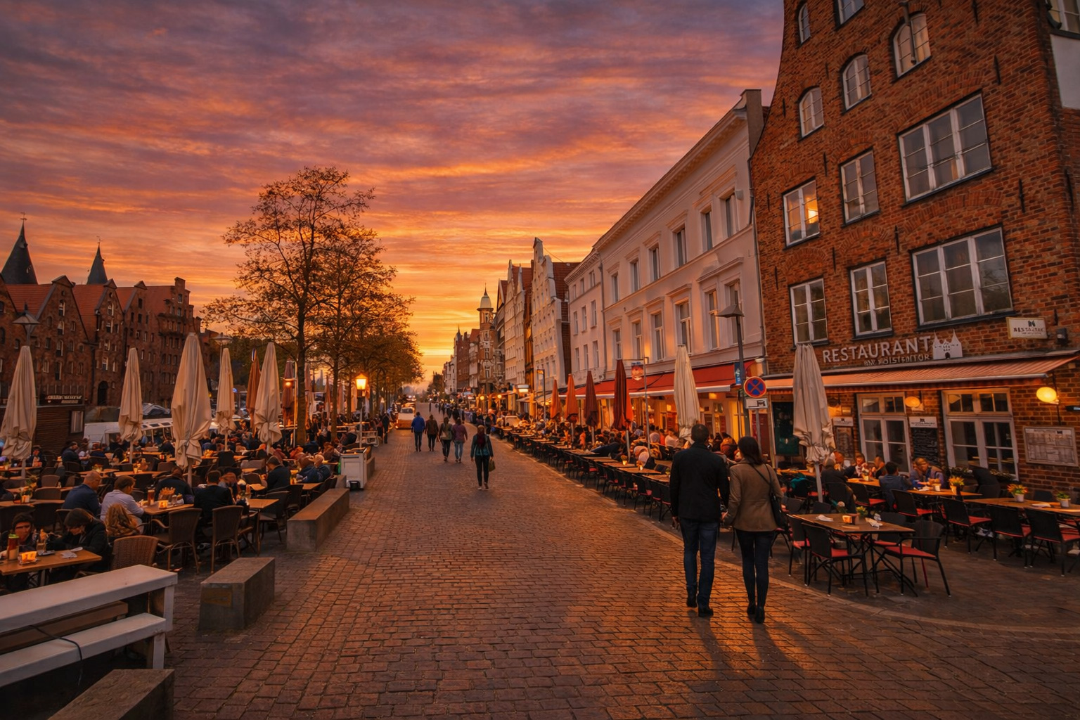 Breite Uferstraße mit Kopfsteinpflaster, historische Backstein- und Giebelhäuser entlang der Trave, lange Reihen belebter Straßencafés mit großen Sonnenschirmen, warm beleuchtete Fenster und eingeschaltete Laternen, viele Spaziergänger im orangefarbenen Sonnenuntergang.