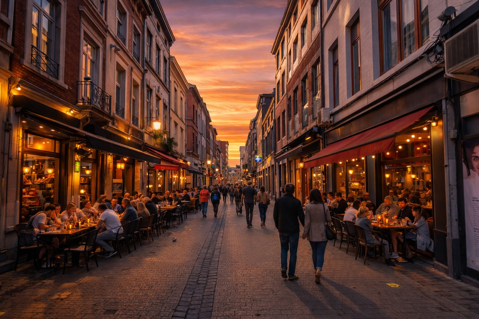 Fußgängerzone mit historischen Backsteinfassaden, belebten Straßencafés links und rechts unter Markisen, warmes Sonnenuntergangslicht, leuchtende Schaufenster und eingeschaltete Straßenlaternen, viele Spaziergänger und Gäste an den Tischen.