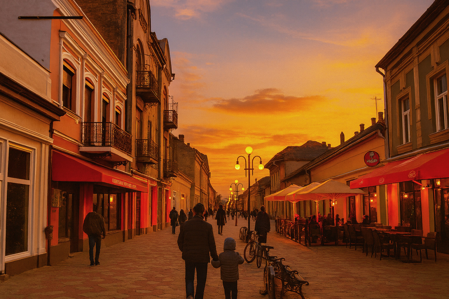 Abendstimmung in der Fußgängerzone von Lugosch mit Spaziergängern, beleuchteten Straßenlaternen, bunten Fassaden und einem Straßencafé mit Sonnenschirmen im warmen Licht des Sonnenuntergangs.