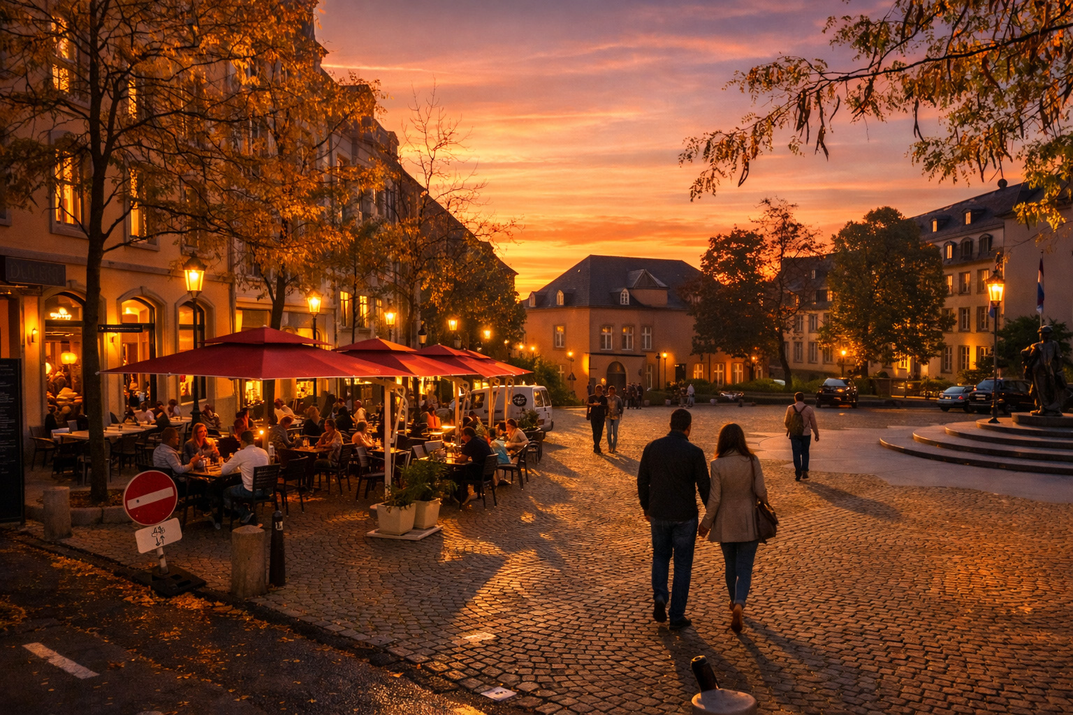 Belebtes Straßencafé mit roten Sonnenschirmen an einer Kopfsteinpflasterfläche, warmes Sonnenuntergangslicht, leuchtende Schaufenster und Straßenlaternen, Spaziergänger auf dem Platz vor historischen Gebäudefassaden und einer Brunnenstatue.